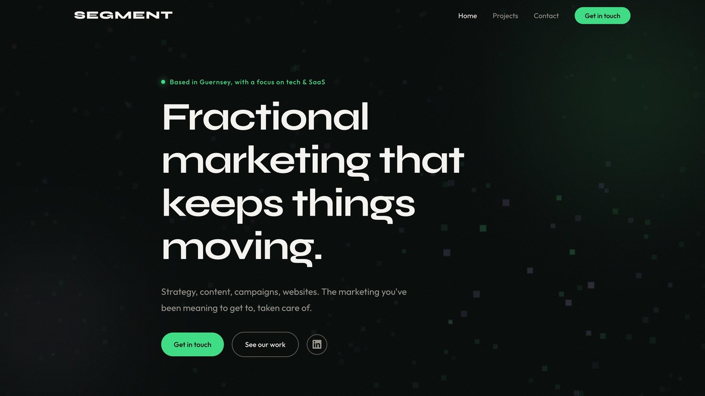 The Segment homepage hero on a dark background with a green pixel effect.